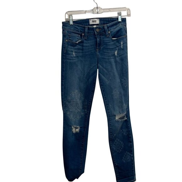 Paige Womens Distressed Mid-Rise Skinny Jeans Size 26 With Floral Print - Picture 1 of 9